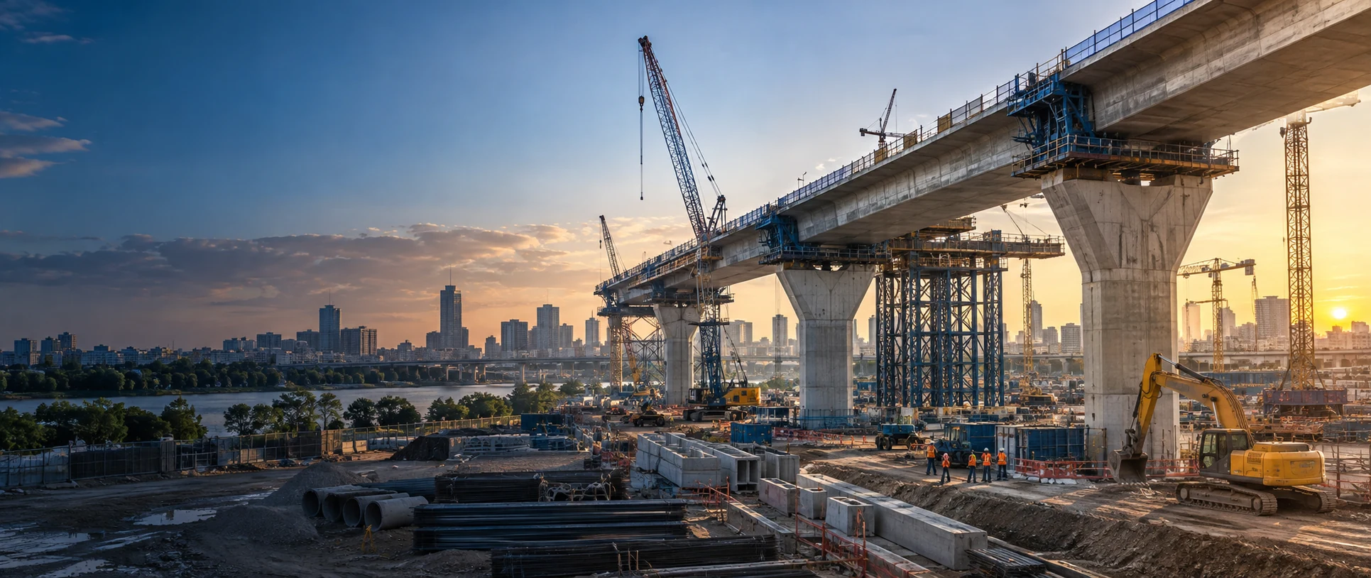 Large urban infrastructure project with bridge construction, cranes, civil works and site equipment