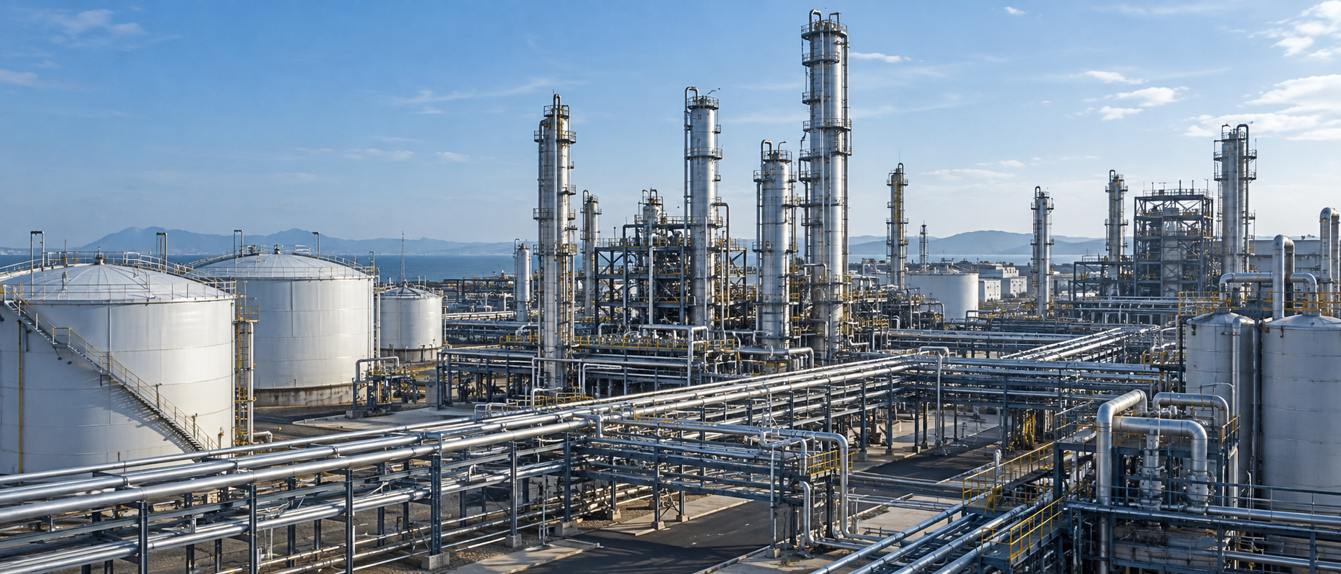 Modern petrochemical processing facility with storage tanks, pipe racks and process towers