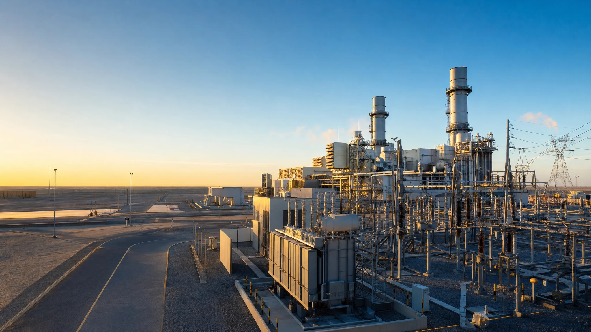 Modern power-generation facility with electrical substation, transformers and transmission infrastructure