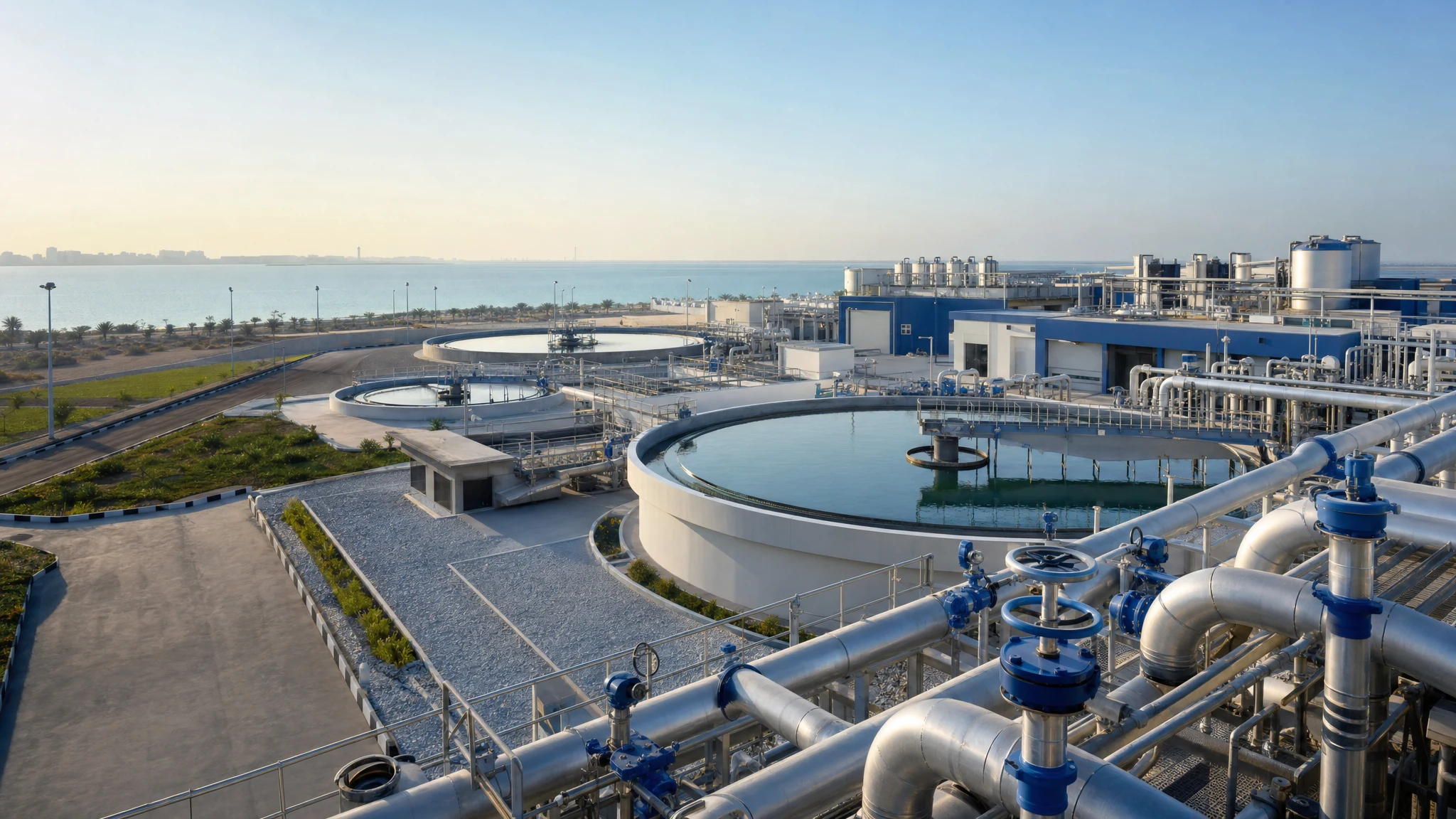 Modern water treatment facility with circular clarifiers, filtration systems and industrial pipework